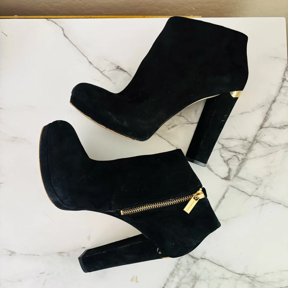 Michael Kors Haven Platform Booties‎ Black Suede Ankle with Gold Accents 9 M
